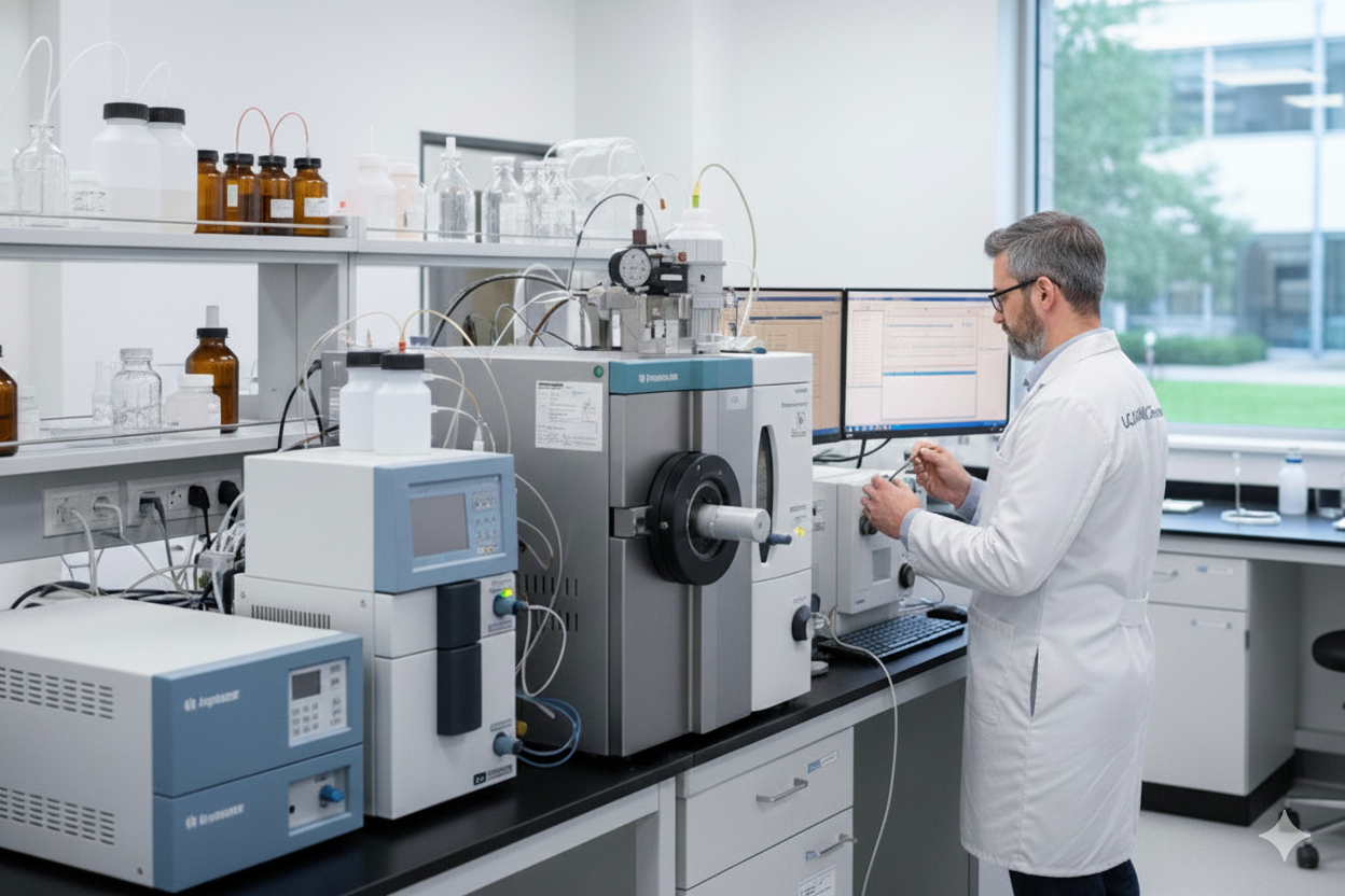 Laboratory featuring Agilent, Waters, and SCIEX Mass Spectrometry and HPLC equipment